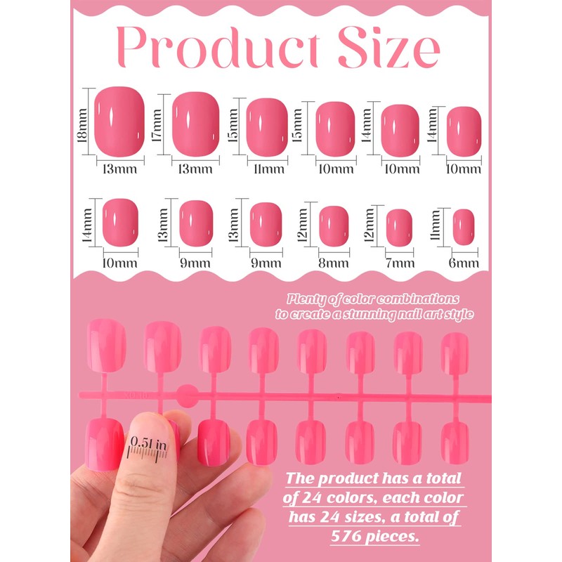 576 Pieces Artificial Nails, EBANKU Children's Square Short Fingernails, Round