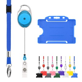 Retractable Lanyard and Badge Holder Trio Triple Pack by LanyardsTomorrow - Set Includes A Single Plain Lanyard, Extendable Carabiner Yoyo Reel Clip and Rigid ID Card Holder (Blue)