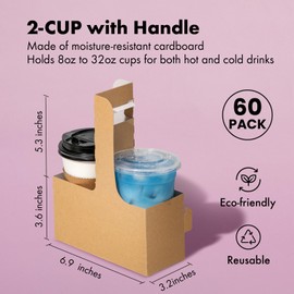 FMP Brands 2 Cup Disposable Drink Carrier with Handle, 60 Pack Kraft Paperboard Handled Drink Carriers 12-30 oz to Go Coffee Cup Holder, Cup Carrier for Cold Hot Drinks, Takeout, Cafe