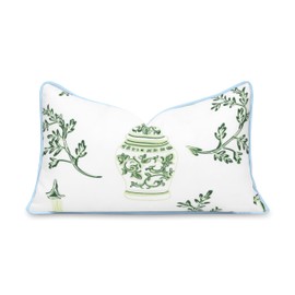 Hofdeco Premium Coastal Patio Indoor Outdoor Lumbar Pillow Cover Only, 12"x20" Water Repellent for Backyard, Couch, Baby Blue Green Chinoiserie with Piping