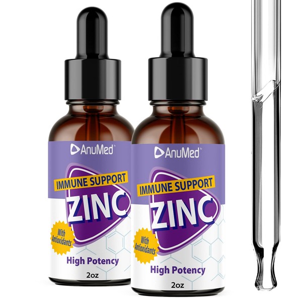 Anumed - Natural Zinc Gluconate 15mg Liquid Drops. Promotes Immune System, Brain, Memory, Digestive, Hair, Nails, Skin Growth. 100% Vegan, Non-GMO, No Sugar Added for Adults & Kids (2 Packs) of 2oz