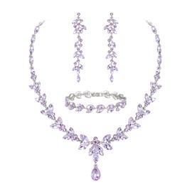 EVER FAITH Austrian Crystal Bridal Bridesmaid Jewelry Sets, Elegant Marquise Rhinestone Leaf Necklace Dangle Earrings Tennis Bracelet Set for Women Light Purple Silver-Tone