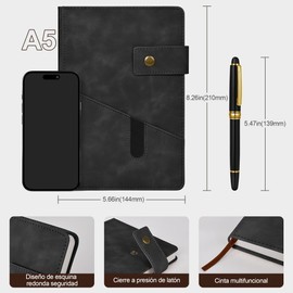 Miortior Libreta de Notas, Libretas Pasta Dura 5A con Bolsillos, Cuaderno de Notas Incluyendo Bolígrafos, Caja y Bolsa, Ideal para Oficina, Tomar Notas, Viajes de Negocios - Negro