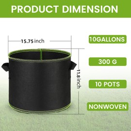 Eowllo Grow Bags 10Pcs Heavy Duty 300G Fabric Pots for Plants,Thickened Nonwoven Garden Bags to Grow Vegetables,Large Nursery Pots,Tomato Grow Bags with Handles, Green Line Border (10 Gallons)