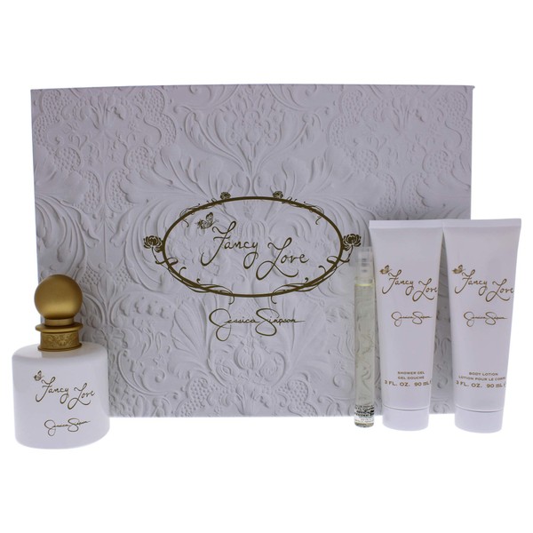 Fancy Love by Jessica Simpson for Women - 4 Pc Gift Set 3.4oz EDP Spray, 0.34oz EDP Mini Spray, 3oz Body Lotion, 3oz Bath & Shower Crème