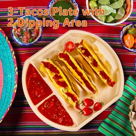 24 PCS Large Disposable Taco Holder for Party, Cornstarch Plates, Stand for 3 Tacos, 2 Dipping Areas, Fiesta Trays for Tuesday, Bar Serving Set, Microwave Safe