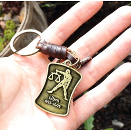 AuPra Libra Sign KeyRing Gift Women & Men Scales Zodiac Symbol KeyChain Home Car Leather Keys Holder Horoscopes Ladies Present