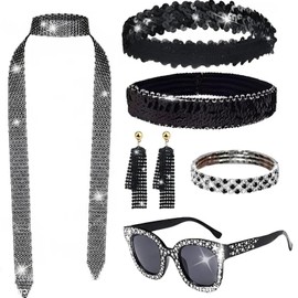 Velorique 6pcs 70s Women Disco Accessories, Disco Outfits Costume Jewelry Set With Sequin Headband, Bracelet, Scarf, Necklace, Sunglasses, Earrings (Black)