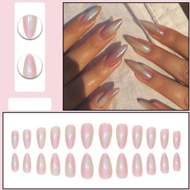 AkiliBIELY Almond Press on Nails Medium Chrome Metallic Holographic Pink Fake Nails Women Fantasy Glue on Nails Acrylic Gel Stick on Nails Classy Aesthetic False Nails Wedding Birthday