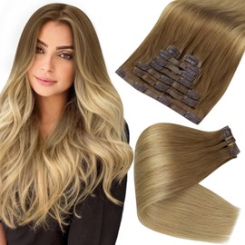 Full Shine Hair Extensions Seamless Clip In Hair Extensions With Pu Weft Off Light Brown To Blonde Super Invisible Extensions 12 Inch for Short Hair Strawberry Blonde Hair Extensions 80 Grams 8pcs