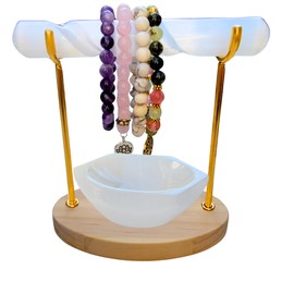 Selenite Bracelet Holder Stand & Selenite Charging Bowl - Healing Crystal Bracelet Display Stand, Hand-Carved Spiral Selenite Crystal Bracelet Stand Gift Set (Large Gold Stand & Selenite Bowl)