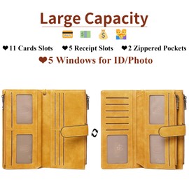 GOIACII Leather Purses for Women RFID Blocking Large Capacity Long Ladies Wallets,with Detachable Wrist Strap,Multiple Card Slots Zipper Coin Long Wallet-Mango Yellow