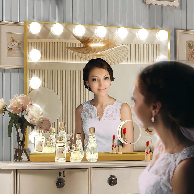 Ratsamee Gold Hollywood Vanity Mirror with Lights, 15 Dimmable Bulbs,