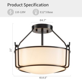 WUZUPS Chandelier 3-Light Semi-Flush Mount Ceiling Light Frosted White Glass Shade Modern Lighting Fixture for Diningroom Hallway Kitchen Bathroom, H 10" x W 14.8", E12 Base, Black