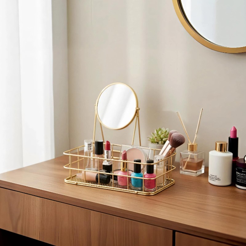 2Pcs Small Gold Wire Mesh Storage Basket Cosmetic Desk Organizer