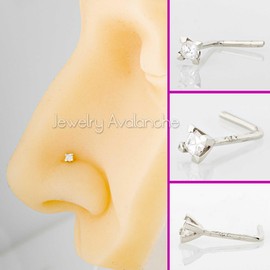 Jewelry Avalanche V-Prong Set Princess Cut Moissanite 14K Gold L-Shape Nose Stud - Unisex 22G L-Bend Nose Ring Stud - April Birthstone, Metal, moissanite