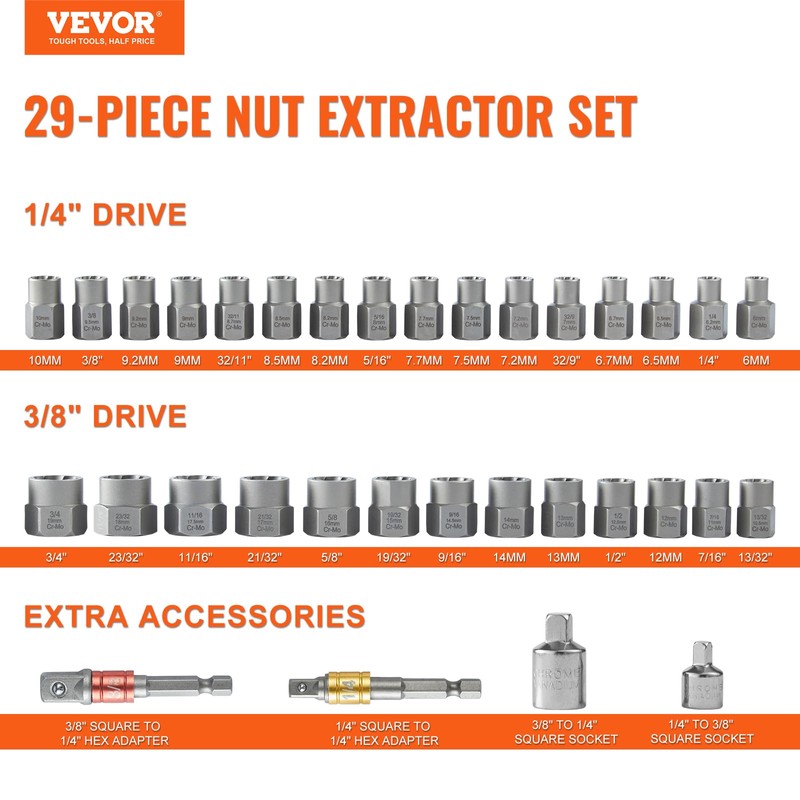 VEVOR Bolt Extractor Set, 32-Piece Bolt and Nut Remover Set,