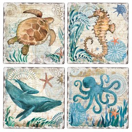 Thirstystone Monterey Bay 4 Pack Tumbled Tile Stone Coasters with Protective Cork Backing 4” Square Manufactured in The USA Artistic Absorbent Easily Wipes Clean