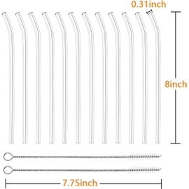 Serazat Reusable Bent Glass Straws – 12 Pack (9 mm Wide, 7,87") with 2 Cleaning Brushes – Eco-Friendly Borosilicate Glass, Dishwasher Safe – for Smoothies, Juices, Iced Coffee