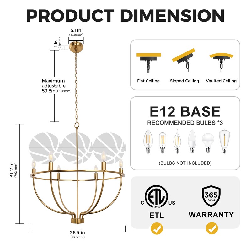 DORESshop Gold Dining Room Light Fixture, 6-Light Farmhouse Gold Chandelier
