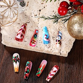 Christmas Press on Nails Long Fake Nails Coffin False Nails Colorful Nails Press ons Snowman Glue on Nails Candy Cane Holly Leaves Stick on Nails Full Cover Glitter False Nails for Women 24 Pcs
