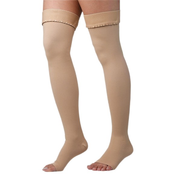 Unisex Thigh High Compression Socks – Circulation Support Stockings with Graduated Pressure, 20-30 mmHg – Open Toe, Thigh High Compression Stockings – Compression Leggings by Lemon Hero, XL, Beige