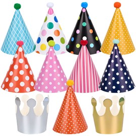 Nivofu 11pcs Birthday Party Hats,Party Cone Hat with Pom Pom,Paper Party Hats for Children, 9 Paper Hat and 2 Crown
