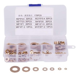 Copper Washer Kit,180Pcs M2/M2.5/M3/M4/M5/M6/M8/M10 Round Brass Flat Ring Washer Assortment Set