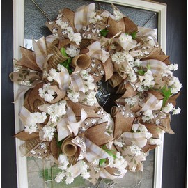 Southern Charm! Magnolia & Cotton, Deco Mesh Front Door Wreath, Farmhouse Farm Style Decor, Porch Patio Decoration, Indoor Outdoor, Wedding Decor