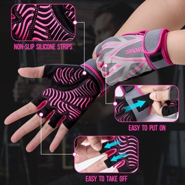 AUTOWT Workout Gloves for Men & Women, Breathable Half Finger Gym Gloves with Thick Padding Non-Slip Grip, Lightweight Weight Lifting Gloves with Wrist Support for Cycling Climbing Rowing(Fuchsia, XL)