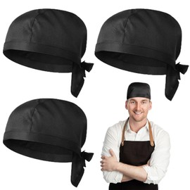 Beavorty Chef Hat Cooking Hats 3Pcs Elastic Back Skull Cap Chef Hat with Ties Kitchen Working Turbans for Men Women Kitchen Cooking Service (Black)