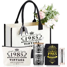 Supervitae 7 Pcs 30th 40th 50th 60th Birthday Gifts Canvas Tote Bag for Women Decorations Beach Tote & Makeup Bag for Her(1985)