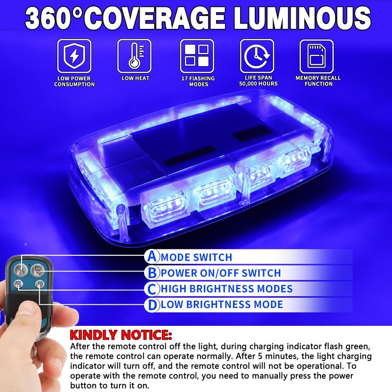 OPL5 Rechargeable Blue Emergency Roof Top Strobe Light Wireless Battery,