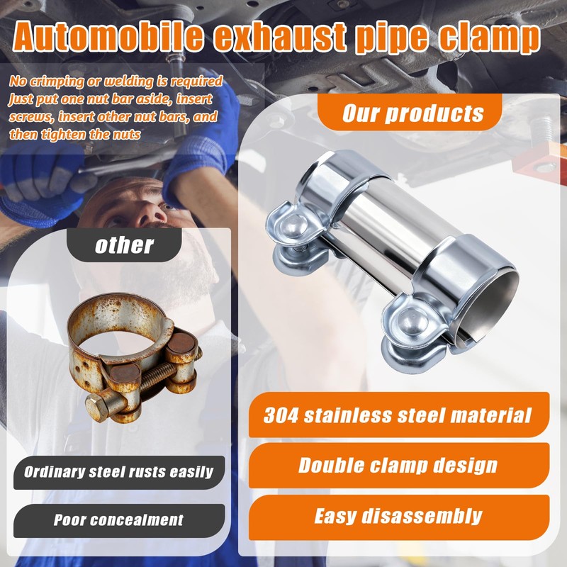 45mm Double Bolt Exhaust Clamp, Stainless Steel Band Clamp, Exhaust