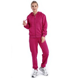 LeeHanTon Women's 2 Piece Jogger Set Warm Up Outfit Sherpa Lining Sports Zipper Hoodie and Pants Track Suit Fuchsia L