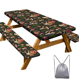 Picnic Table Cover with Bench Covers Camping Essentials Waterproof Windproof Camping Tablecloth with Drawstring Bag, Fitted Rectangle Tables and Seats, 72in, Black Red