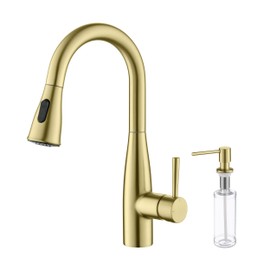 KIBI Bari Single Handle Pull Down Kitchen Faucet | Solid Brass High Arc Spout | Dual Spray Modes | 360° Swivel Sprayer for Kitchen & Bar Sink | Soap Dispenser Included (Brushed Gold, KKF2015)