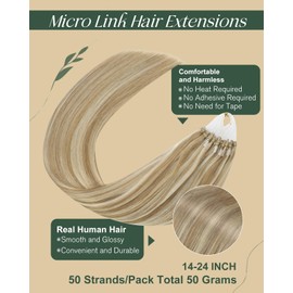 Ugeat Micro Bead Hair Extensions Highlight Blonde Micro Loop Hair Extensions Real Human Hair Golden Blonde Hair Extensions Micro Ring Blonde Hair Extensions for Women 16 Inch 50s 50g