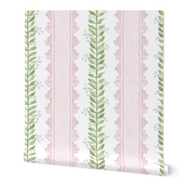 Spoonflower Peel & Stick Wallpaper Swatch - Preppy Pink Stripe Green Vine Large Traditional Classic Cottage Grandmillennial Botanical Floral Custom Removable Wallpaper