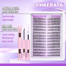 PHKERATA Wispy Lash Extension Kit Natural Lash Clusters Kit C Curl DIY Eyelash Extensions Kit 252Pcs Individual Lashes Clusters Wispy Eyelash Clusters with Lash Bond and Seal at Home Cat Eye Cluster