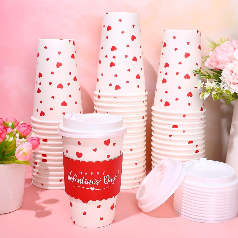 Whaline 50Pcs Valentine Disposable Coffee Cups With Lids And Sleeves