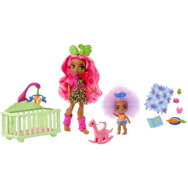 Cave Club Tot Sitting Adventure Babysitting Playset with Fernessa Doll (8 – 10-inch, Pink Hair), Toddler Doll, Crib, Rocking Horse and Accessories, Gift for 4 Year Olds and Up