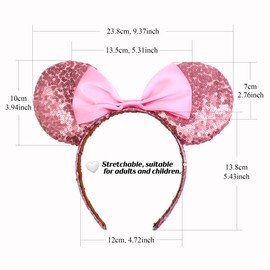 YUESUO Mouse Ears Headband, Sequin Bow Hair Hoop Set of 2 Pcs Headband Mouse Party Decoration Costume Ears Headband for Children Women Girls (Pink Sequin Ears with Pink Bow)
