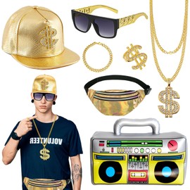 7PCS Hip Hop Accessories Set, 80s 90s Hip Hop Rapper Star Fancy Dress Accessories with Gold Hat Disco Gold Dollar Sign Sunglasses Bags for Women Men Hippie Party