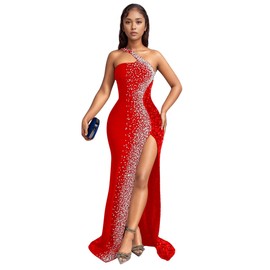 PORRCEY Ladies Sexy Hot Drill Craft One Shoulder Sequins Bodycon Side Slit Maxi Dress Party Club Evening Dress(6365,Red,L)