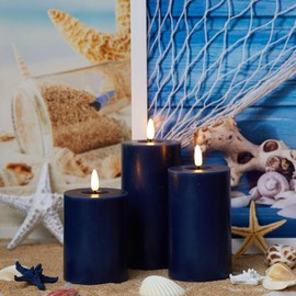 glowiu Navy Blue Candles with Timer – Blue Pillar Candles Battery Operated Set of 3 (H4 5" 6" x D3) Navy Blue Room Decor for Bathroom Living Room, Party, Birthday, Wedding, Festival