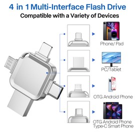 【No App Required】 LANSLSY Flash Drive for Phone 256GB,4 in 1 Photo Stick for Phone/Pad/Android/PC，Silver Memory Stick for Photos and Videos-4 Separate Ports, No Adapter Needed