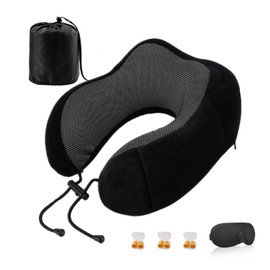 Soft Neck Travel Pillow, Memory Foam Neck Pillow, Portable Neck Cushion with 3D Eye Mask, Ear Plugs and Carry Bag, for Airplane, Office