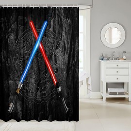 Lightsaber 3D Neon Blue Red Bathroom Curtain - Geometric Sun Moon Round Waterproof for Kids Boys Girls Teens Room Decor Fashion Vintage Stone Wall, Black, 72"Wx72"L