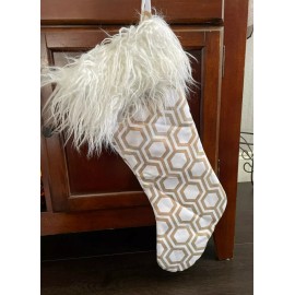 Unbranded White and Gold Christmas Stocking Dillards Furry Fluffy Shag Trim NEW 22"